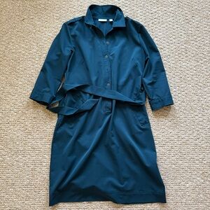 New York & Company Teal Button-Up Belted Dress Size M